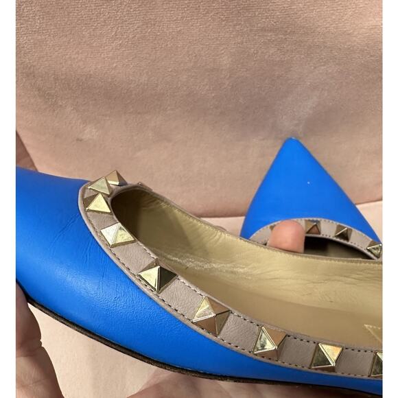 VALENTINO Shoes Ballet Flats Size 37 Blue ROCKSTUD Studded Pointed Toe Luxury - Picture 10 of 16